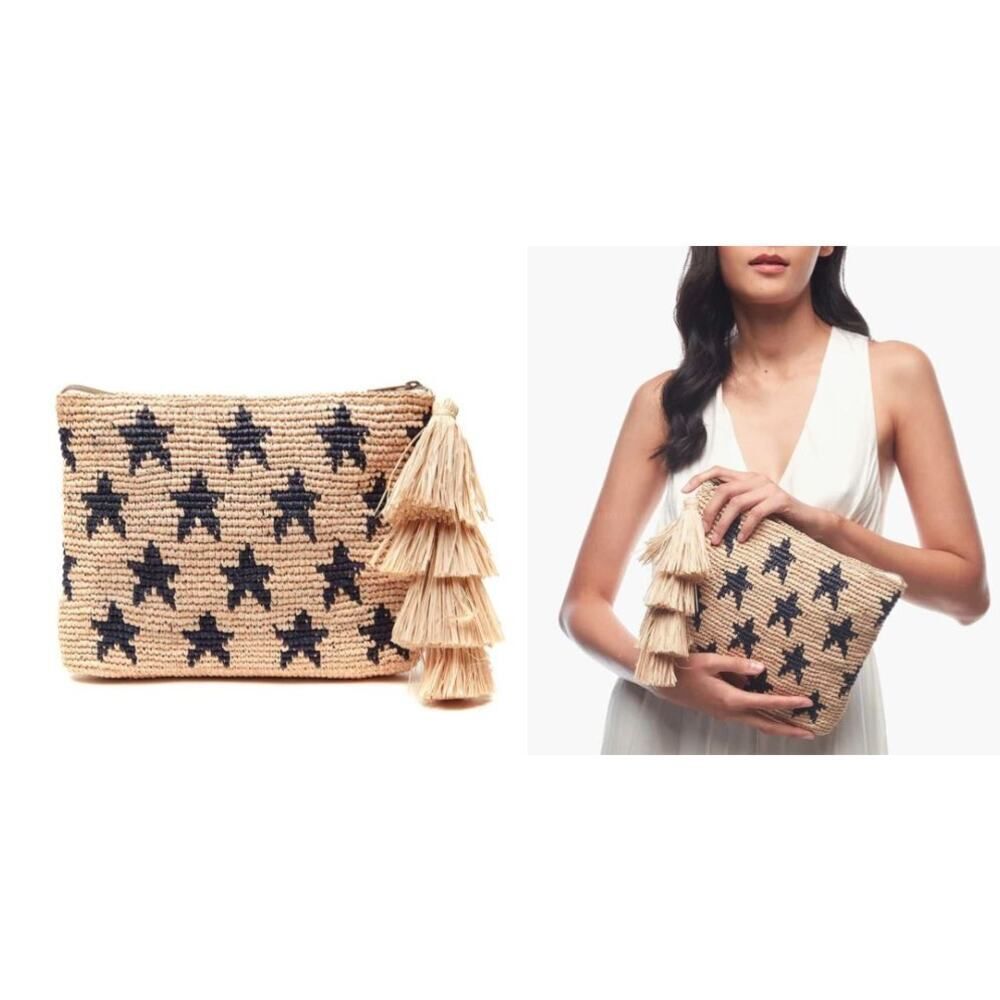 Mar Y Sol Women's Woven Raffia Estrella Clutch Bag Nwt 145 Navy Beige No Tassel — image 2 of 6
